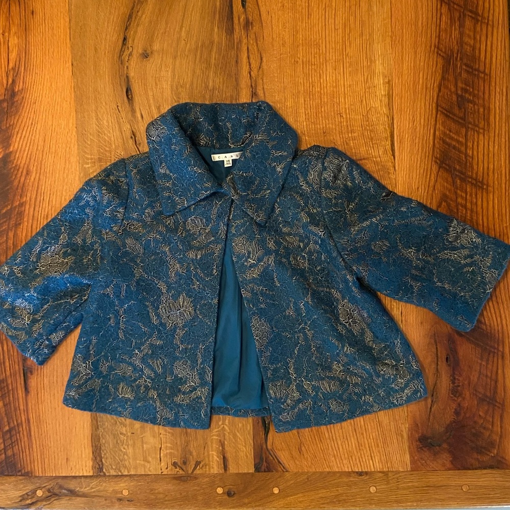 CAbi Peacock Blue Lined Jacket with Beautiful Metallic Pattern, Size XS